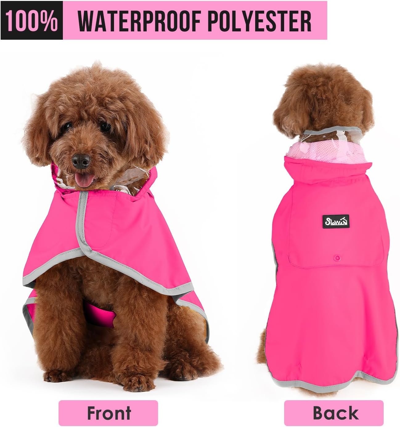 image:imageSlowTon Dog Raincoat Adjustable Dog Rain Jacket Clear Hooded Double Layer Waterproof Poncho with Reflective Strip Straps and Storage Pocket for Small Medium Large DogsXXLFuchsia