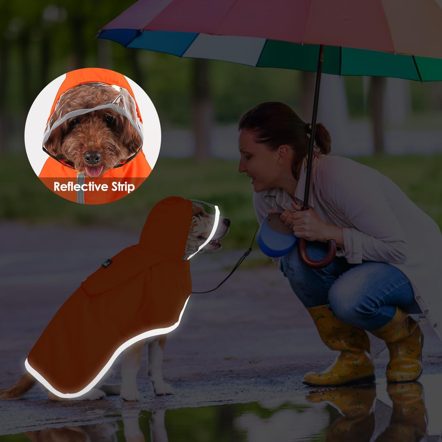 image:imageSlowTon Dog Raincoat Adjustable Dog Rain Jacket Clear Hooded Double Layer Waterproof Poncho with Reflective Strip Straps and Storage Pocket for Small Medium Large DogsXXLOrange