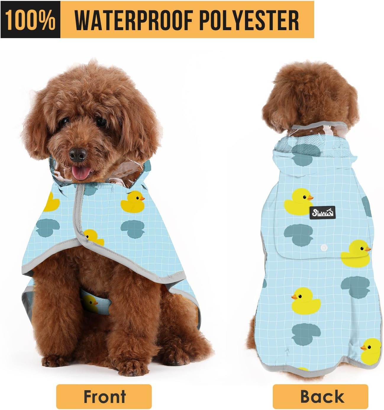 image:imageSlowTon Dog Raincoat Adjustable Dog Rain Jacket Clear Hooded Double Layer Waterproof Poncho with Reflective Strip Straps and Storage Pocket for Small Medium Large DogsXXLDuck Pattern