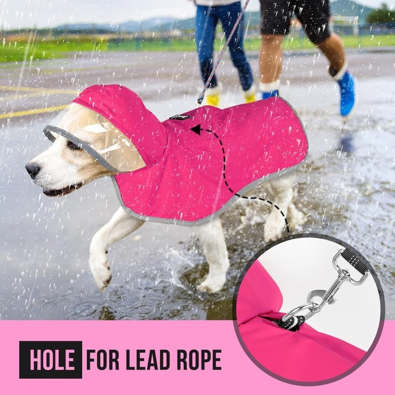 image:imageSlowTon Dog Raincoat Adjustable Dog Rain Jacket Clear Hooded Double Layer Waterproof Poncho with Reflective Strip Straps and Storage Pocket for Small Medium Large DogsXXLFuchsia