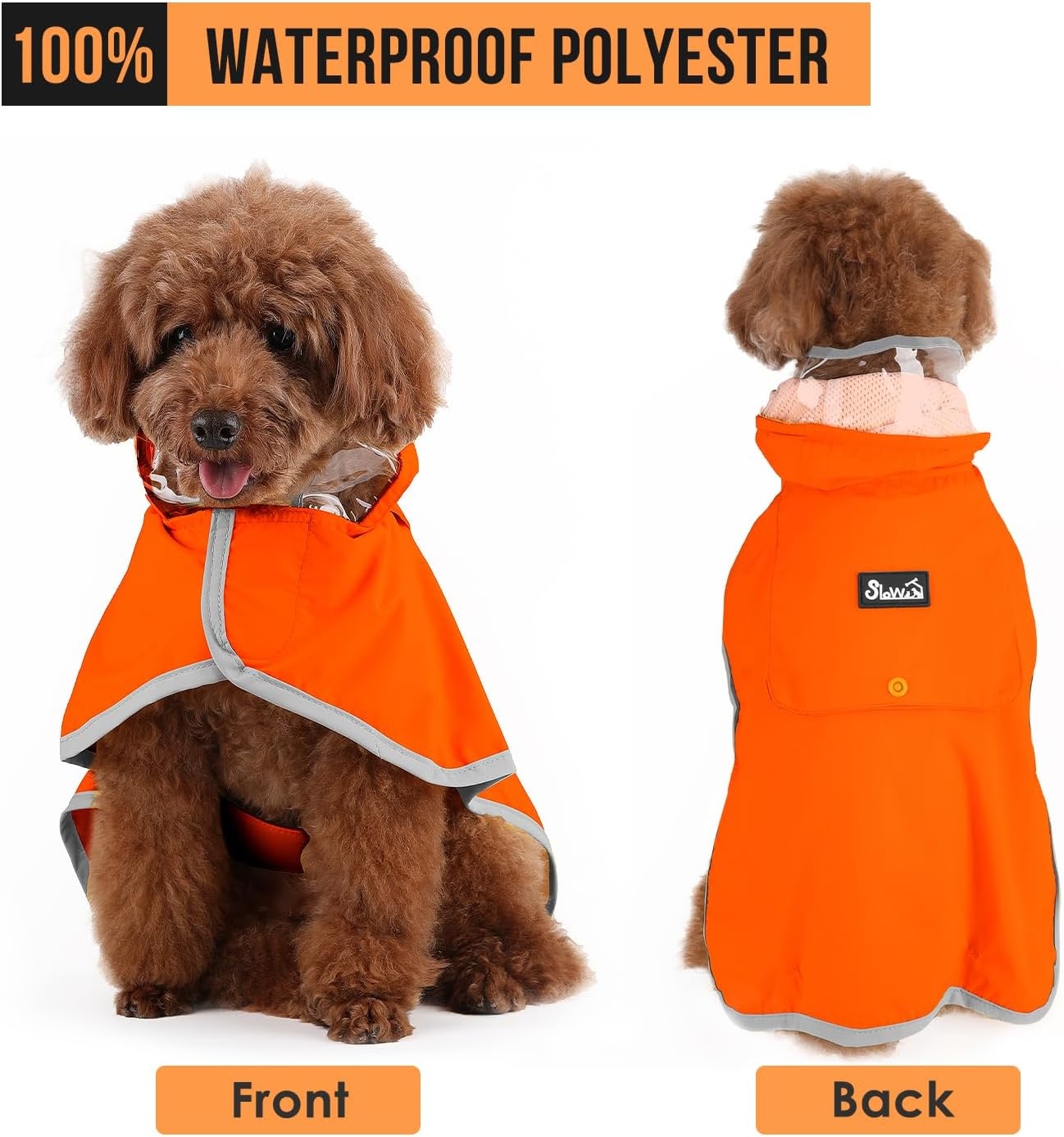 image:imageSlowTon Dog Raincoat Adjustable Dog Rain Jacket Clear Hooded Double Layer Waterproof Poncho with Reflective Strip Straps and Storage Pocket for Small Medium Large DogsXXLOrange