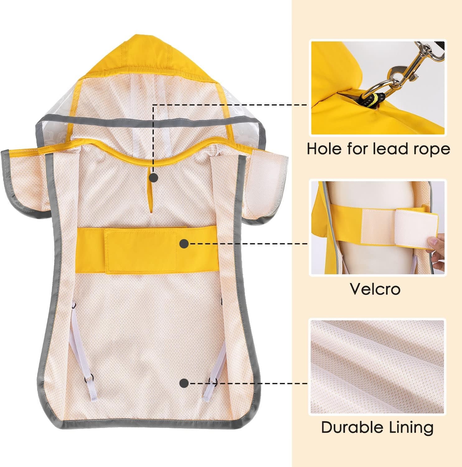 image:imageSlowTon Dog Raincoat Adjustable Dog Rain Jacket Clear Hooded Double Layer Waterproof Poncho with Reflective Strip Straps and Storage Pocket for Small Medium Large DogsXXLYellow