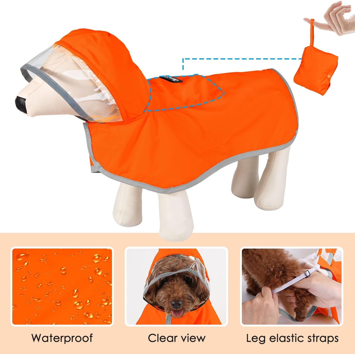 image:imageSlowTon Dog Raincoat Adjustable Dog Rain Jacket Clear Hooded Double Layer Waterproof Poncho with Reflective Strip Straps and Storage Pocket for Small Medium Large DogsXXLOrange