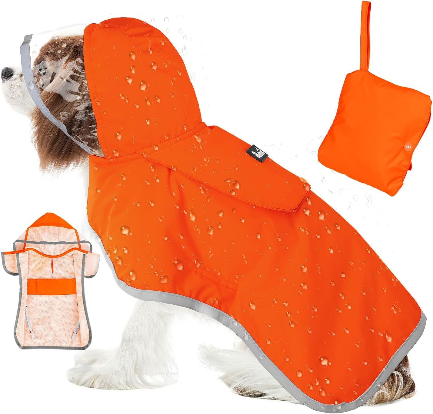 image:imageSlowTon Dog Raincoat Adjustable Dog Rain Jacket Clear Hooded Double Layer Waterproof Poncho with Reflective Strip Straps and Storage Pocket for Small Medium Large DogsXXLOrange