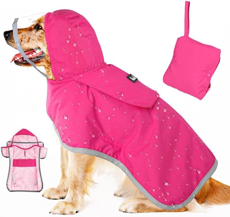 image:imageSlowTon Dog Raincoat Adjustable Dog Rain Jacket Clear Hooded Double Layer Waterproof Poncho with Reflective Strip Straps and Storage Pocket for Small Medium Large DogsXXLFuchsia