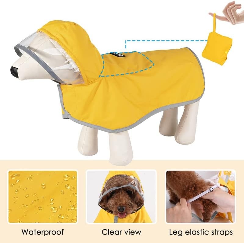 image:imageSlowTon Dog Raincoat Adjustable Dog Rain Jacket Clear Hooded Double Layer Waterproof Poncho with Reflective Strip Straps and Storage Pocket for Small Medium Large DogsXXLYellow