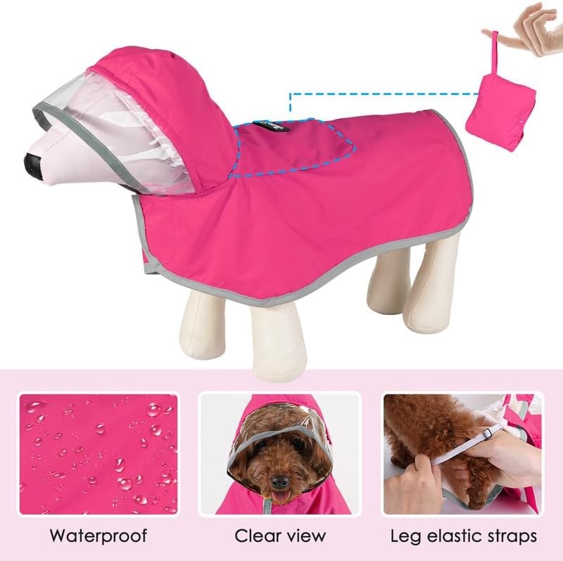 image:imageSlowTon Dog Raincoat Adjustable Dog Rain Jacket Clear Hooded Double Layer Waterproof Poncho with Reflective Strip Straps and Storage Pocket for Small Medium Large DogsXXLFuchsia