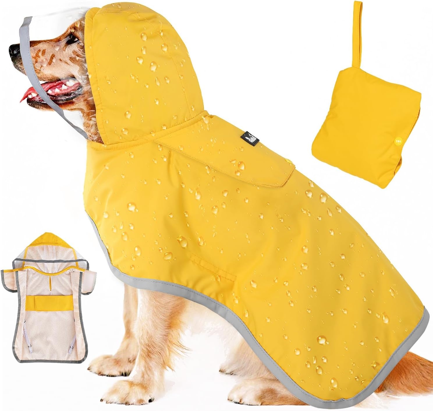 image:imageSlowTon Dog Raincoat Adjustable Dog Rain Jacket Clear Hooded Double Layer Waterproof Poncho with Reflective Strip Straps and Storage Pocket for Small Medium Large DogsXXLYellow