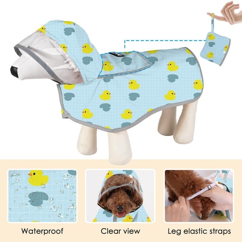 image:imageSlowTon Dog Raincoat Adjustable Dog Rain Jacket Clear Hooded Double Layer Waterproof Poncho with Reflective Strip Straps and Storage Pocket for Small Medium Large DogsXXLDuck Pattern