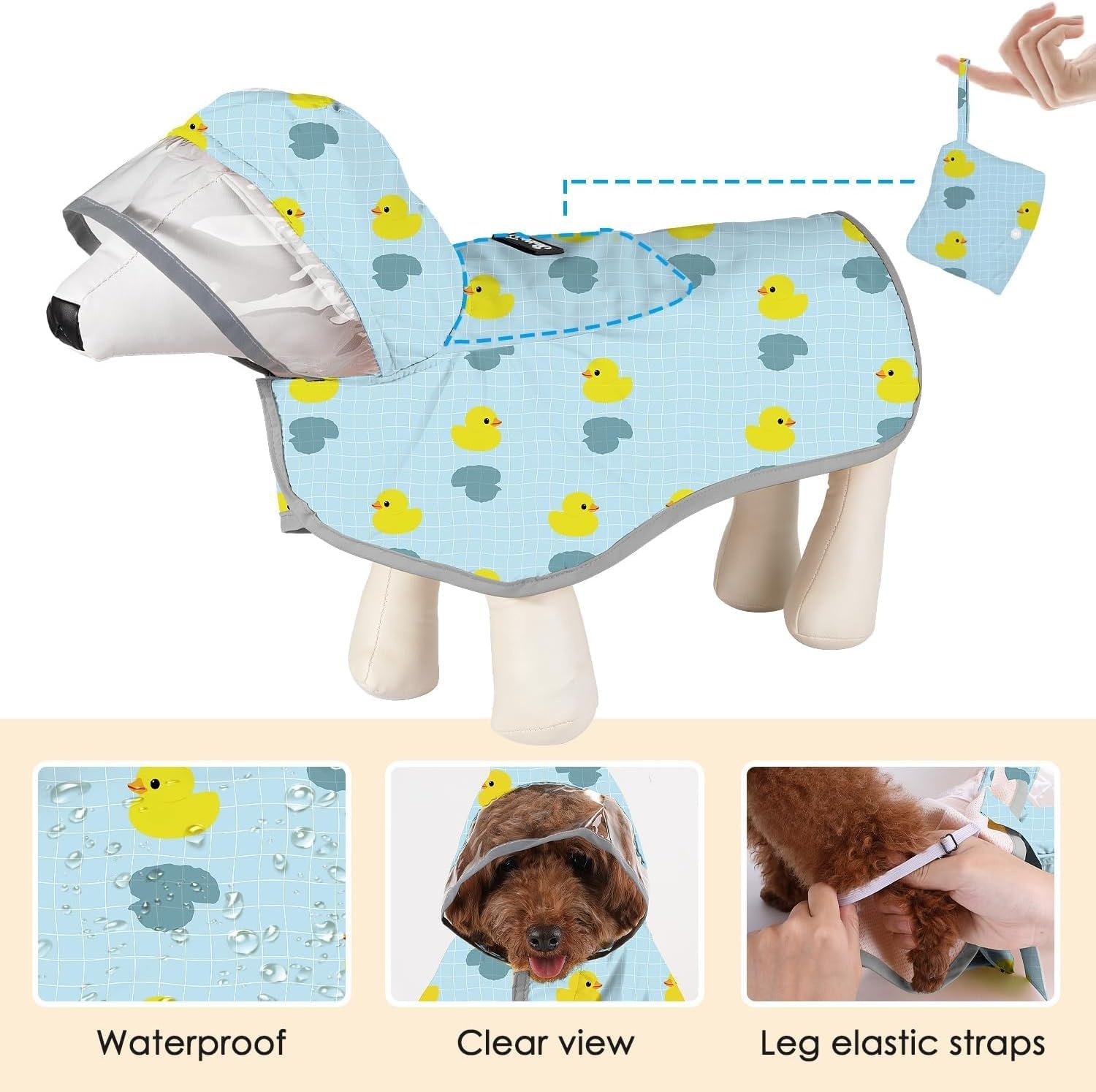 image:imageSlowTon Dog Raincoat Adjustable Dog Rain Jacket Clear Hooded Double Layer Waterproof Poncho with Reflective Strip Straps and Storage Pocket for Small Medium Large DogsXXLDuck Pattern