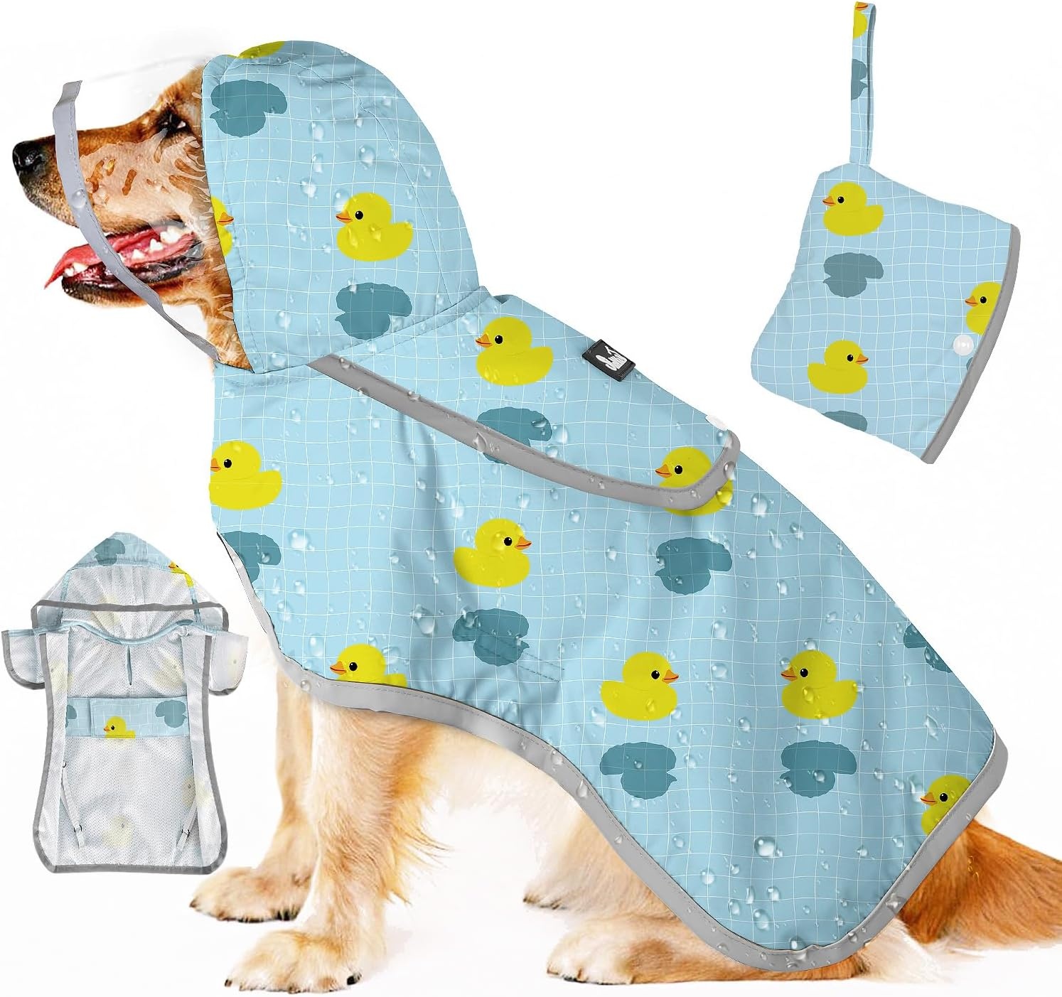 image:imageSlowTon Dog Raincoat Adjustable Dog Rain Jacket Clear Hooded Double Layer Waterproof Poncho with Reflective Strip Straps and Storage Pocket for Small Medium Large DogsXXLDuck Pattern