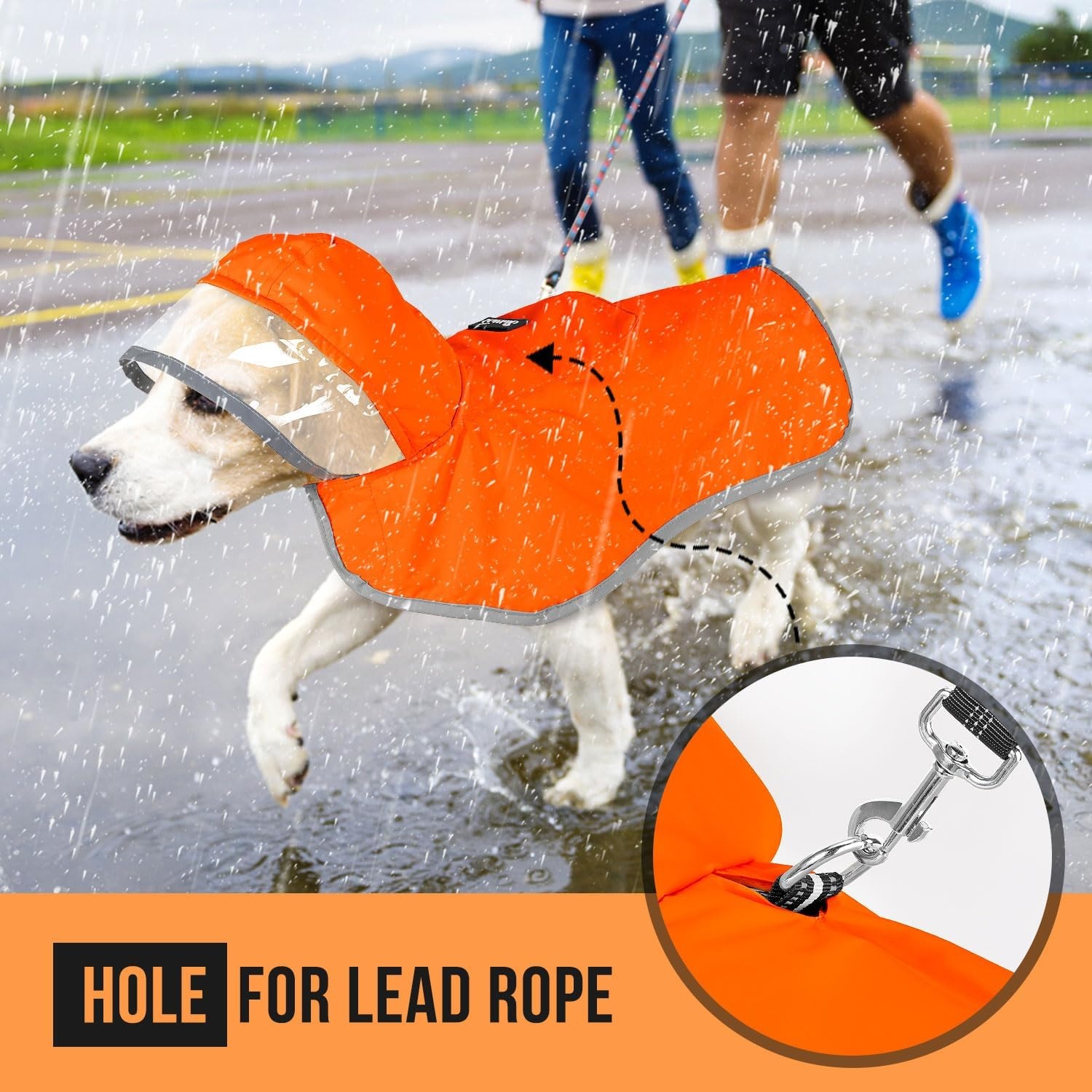 image:imageSlowTon Dog Raincoat Adjustable Dog Rain Jacket Clear Hooded Double Layer Waterproof Poncho with Reflective Strip Straps and Storage Pocket for Small Medium Large DogsXXLOrange