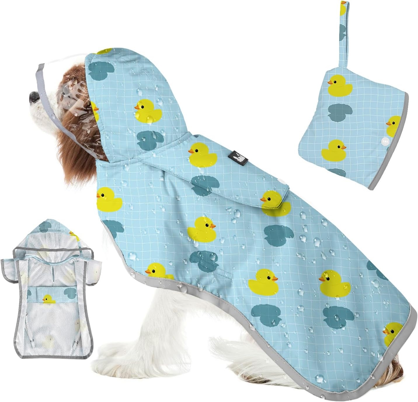 image:imageSlowTon Dog Raincoat Adjustable Dog Rain Jacket Clear Hooded Double Layer Waterproof Poncho with Reflective Strip Straps and Storage Pocket for Small Medium Large DogsXXLDuck Pattern