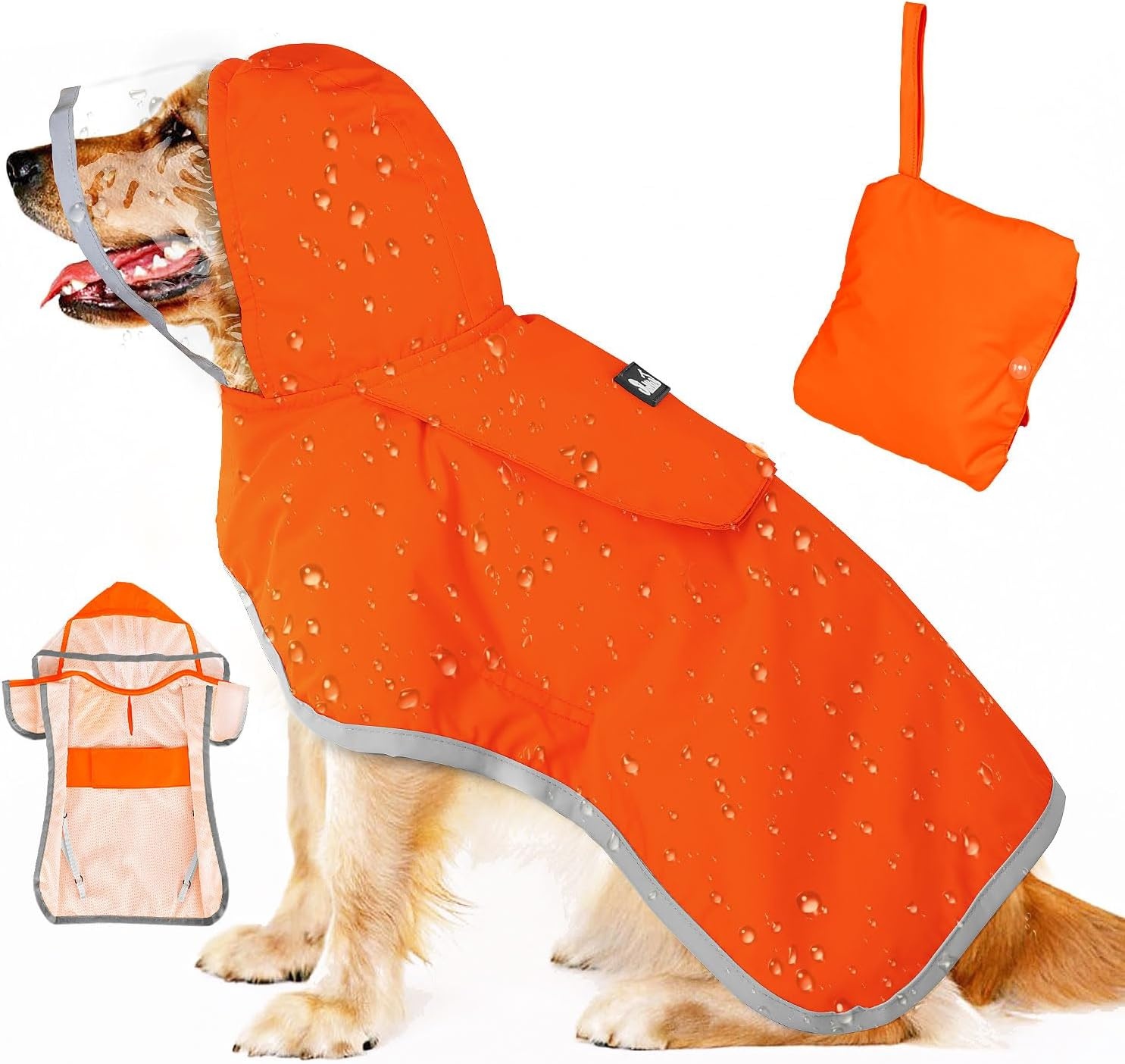 image:imageSlowTon Dog Raincoat Adjustable Dog Rain Jacket Clear Hooded Double Layer Waterproof Poncho with Reflective Strip Straps and Storage Pocket for Small Medium Large DogsXXLOrange