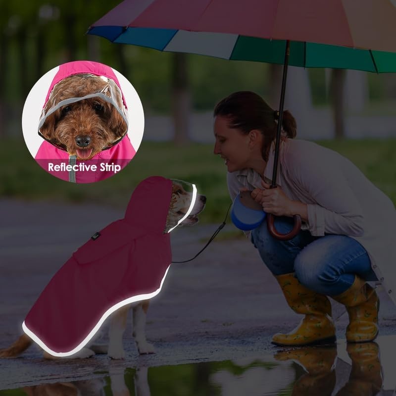 image:imageSlowTon Dog Raincoat Adjustable Dog Rain Jacket Clear Hooded Double Layer Waterproof Poncho with Reflective Strip Straps and Storage Pocket for Small Medium Large DogsXXLFuchsia