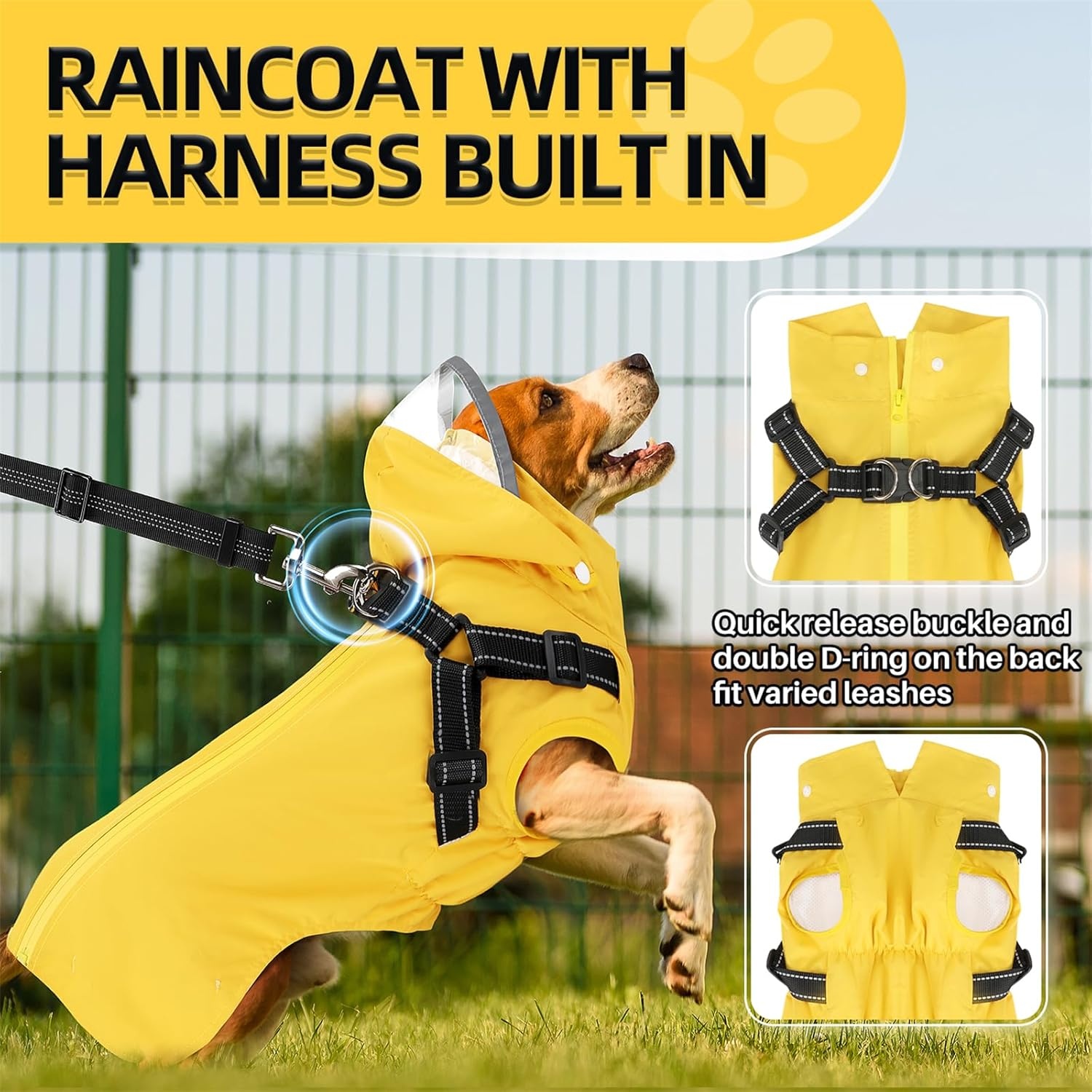 image:imageSlowTon Dog Raincoat Waterproof Dog Rain Jacket with Harness and Hood Lightweight Reflective Dogs Rain Coat for Large Medium Small Dogs Girl Boy Puppy Poncho Pet Clothes Yellow MYellow