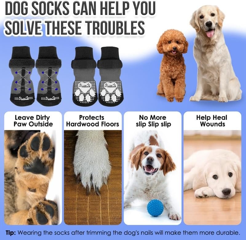 image:imageSlowTon Dog Socks Anti Slip 3 Pairs Dog Grip Socks for Hardwood Floors with Double Sides Grips Socks for Dogs to Prevent Licking Paws for Small Medium Large Dogs Grippers for Senior DogsB S
