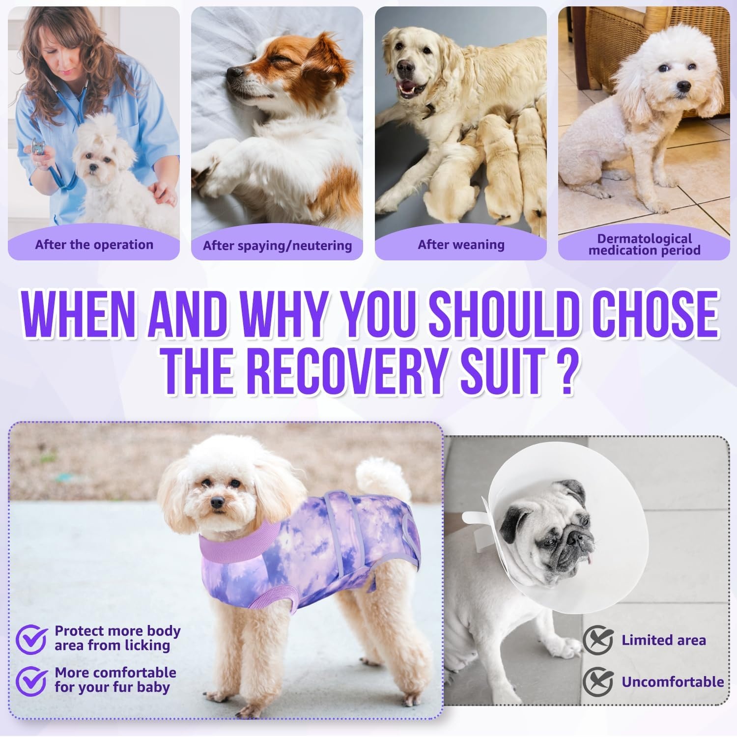 image:imageSlowTon Dog Surgery Recovery Suit Zipper On Dog Onesies After Surgery for Female Male Dogs Abdominal Wounds Bandages ConeECollar Alternative Surgical Body Suit AntiLicking PinkTie DyeS2Purple 100 Polyester