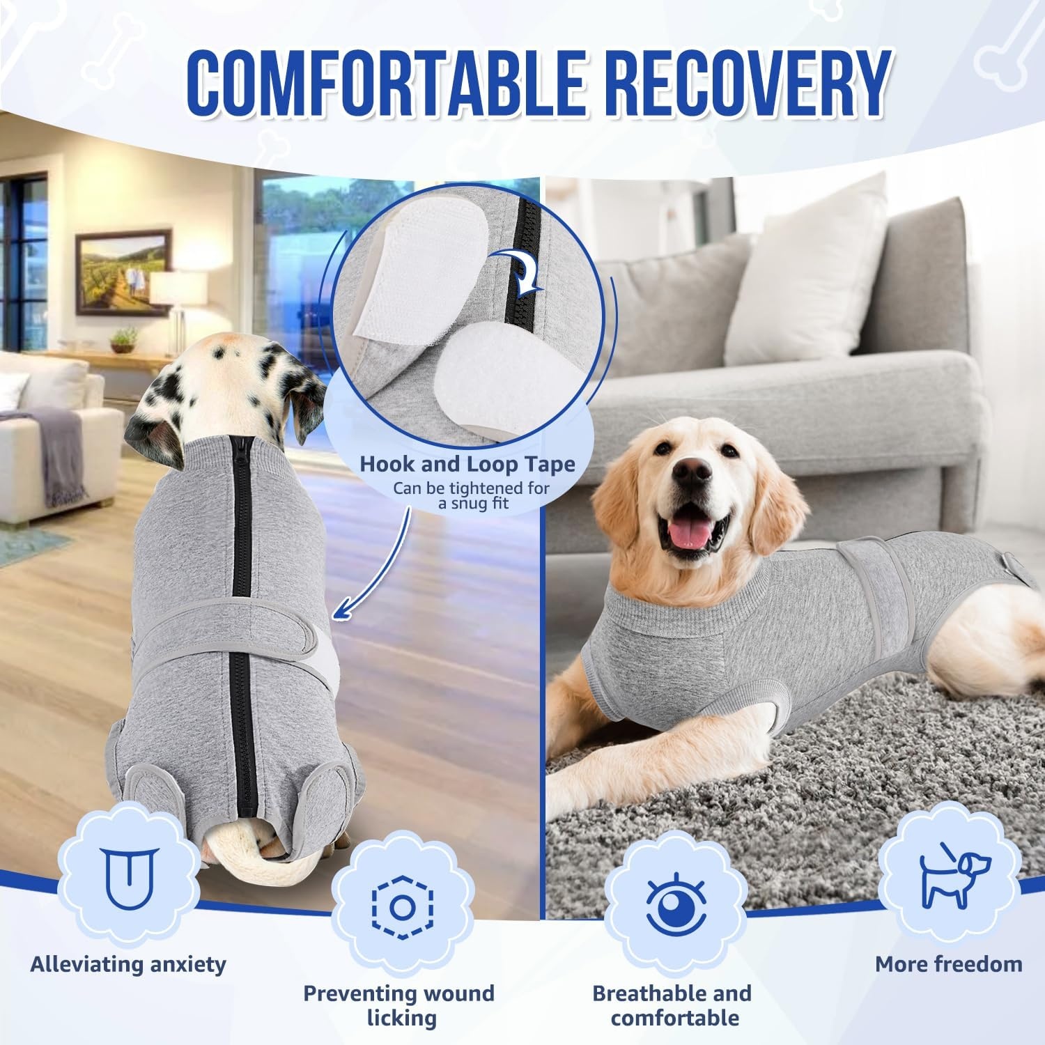 image:imageSlowTon Dog Surgery Recovery Suit Zipper On Dog Onesies After Surgery for Female Male Dogs Abdominal Wounds Bandages ConeECollar Alternative Surgical Body Suit AntiLicking PinkTie DyeS1Grey 95 Cotton 5 Spandex