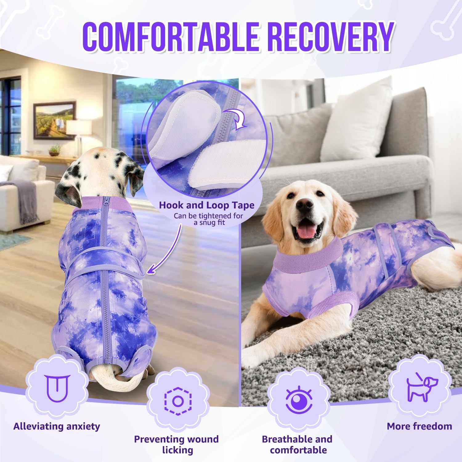 image:imageSlowTon Dog Surgery Recovery Suit Zipper On Dog Onesies After Surgery for Female Male Dogs Abdominal Wounds Bandages ConeECollar Alternative Surgical Body Suit AntiLicking PinkTie DyeS2Purple 100 Polyester