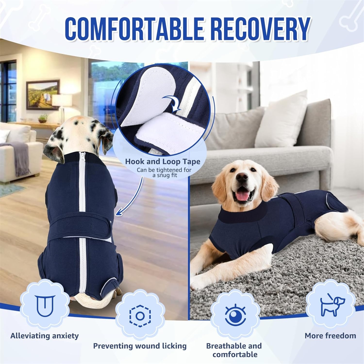 image:imageSlowTon Dog Surgery Recovery Suit Zipper On Dog Onesies After Surgery for Female Male Dogs Abdominal Wounds Bandages ConeECollar Alternative Surgical Body Suit AntiLicking PinkTie DyeS2Dark Blue