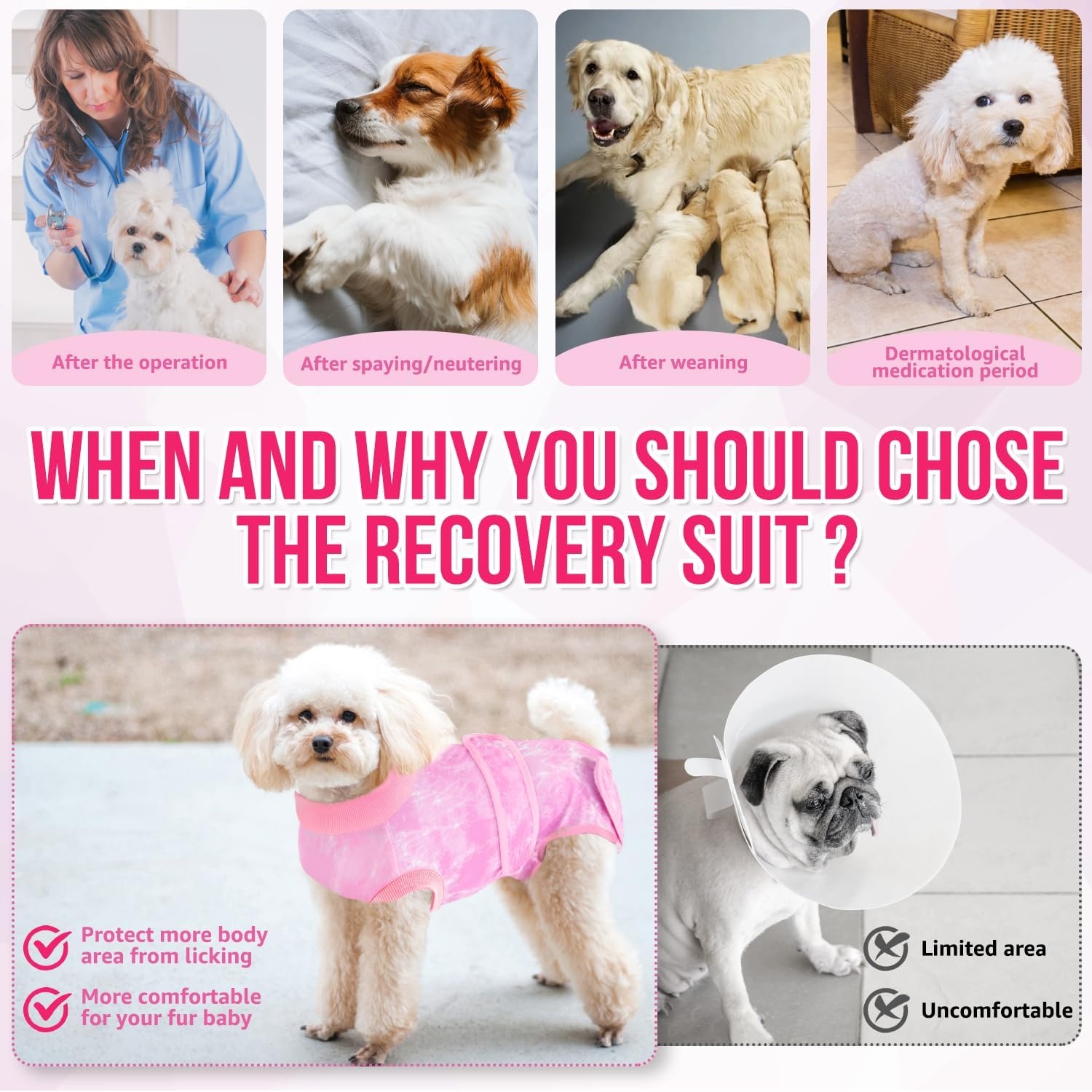 image:imageSlowTon Dog Surgery Recovery Suit Zipper On Dog Onesies After Surgery for Female Male Dogs Abdominal Wounds Bandages ConeECollar Alternative Surgical Body Suit AntiLicking PinkTie DyeS3Pink 100 Polyester