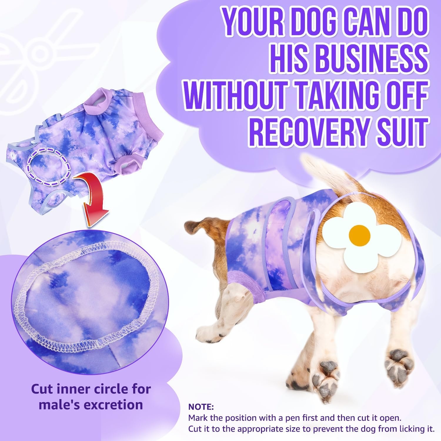 image:imageSlowTon Dog Surgery Recovery Suit Zipper On Dog Onesies After Surgery for Female Male Dogs Abdominal Wounds Bandages ConeECollar Alternative Surgical Body Suit AntiLicking PinkTie DyeS2Purple 100 Polyester