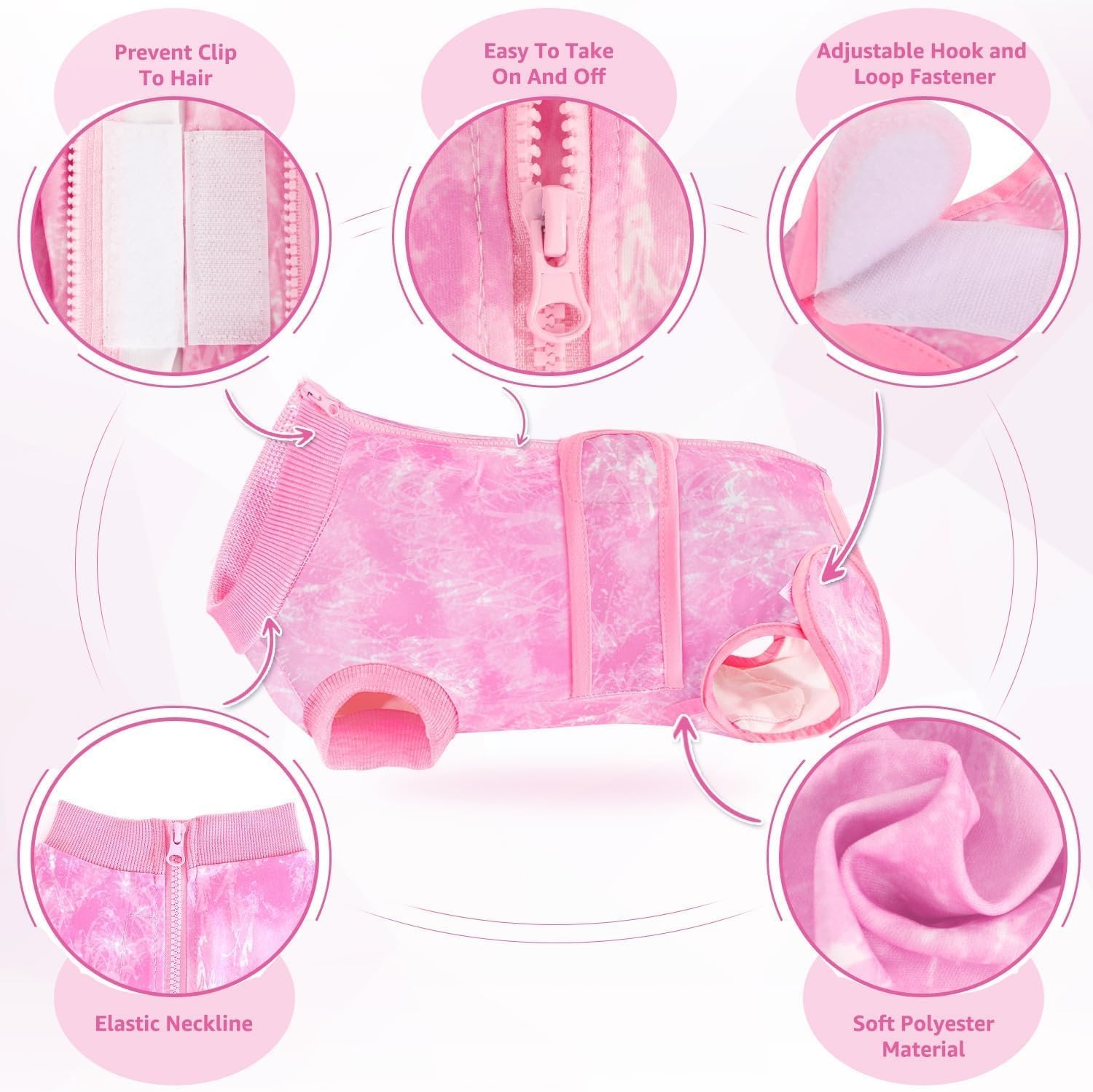 image:imageSlowTon Dog Surgery Recovery Suit Zipper On Dog Onesies After Surgery for Female Male Dogs Abdominal Wounds Bandages ConeECollar Alternative Surgical Body Suit AntiLicking PinkTie DyeS3Pink 100 Polyester