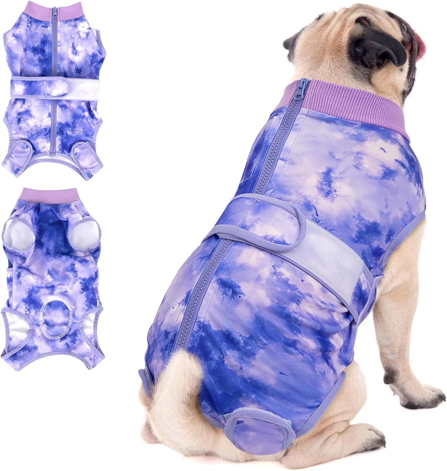 image:imageSlowTon Dog Surgery Recovery Suit Zipper On Dog Onesies After Surgery for Female Male Dogs Abdominal Wounds Bandages ConeECollar Alternative Surgical Body Suit AntiLicking PinkTie DyeS2Purple 100 Polyester