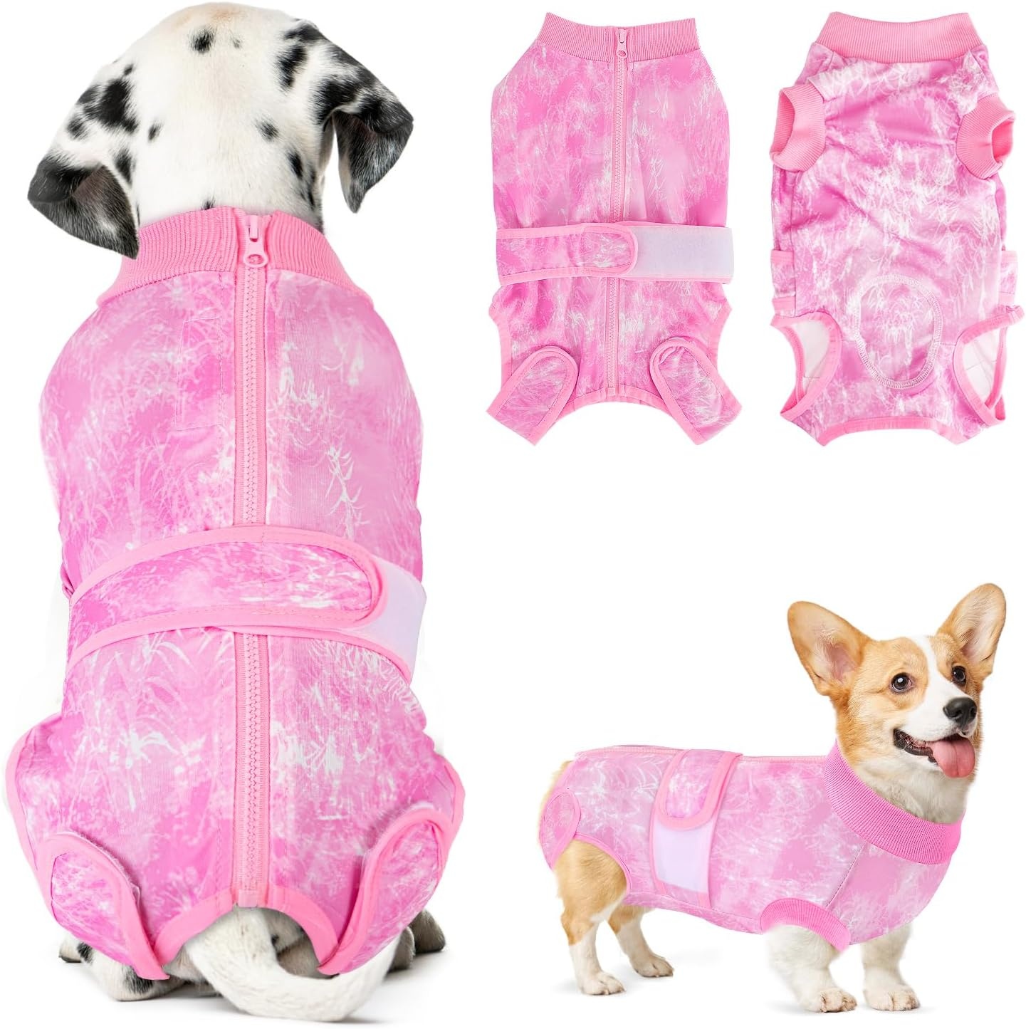 image:imageSlowTon Dog Surgery Recovery Suit Zipper On Dog Onesies After Surgery for Female Male Dogs Abdominal Wounds Bandages ConeECollar Alternative Surgical Body Suit AntiLicking PinkTie DyeS3Pink 100 Polyester
