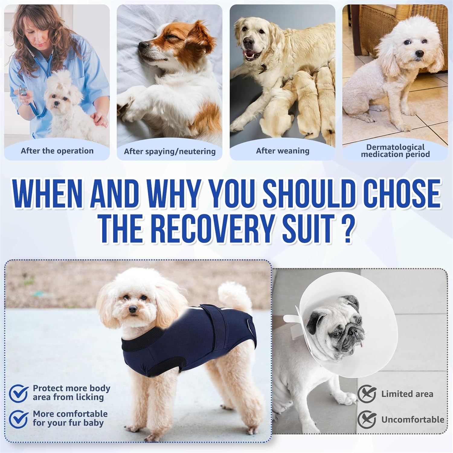 image:imageSlowTon Dog Surgery Recovery Suit Zipper On Dog Onesies After Surgery for Female Male Dogs Abdominal Wounds Bandages ConeECollar Alternative Surgical Body Suit AntiLicking PinkTie DyeS2Dark Blue