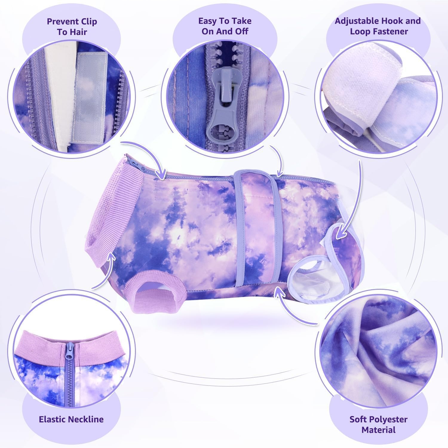 image:imageSlowTon Dog Surgery Recovery Suit Zipper On Dog Onesies After Surgery for Female Male Dogs Abdominal Wounds Bandages ConeECollar Alternative Surgical Body Suit AntiLicking PinkTie DyeS2Purple 100 Polyester