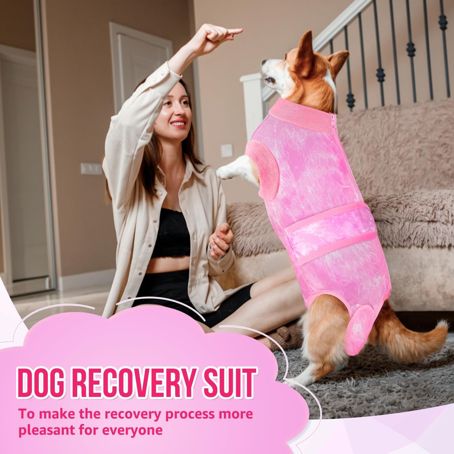 image:imageSlowTon Dog Surgery Recovery Suit Zipper On Dog Onesies After Surgery for Female Male Dogs Abdominal Wounds Bandages ConeECollar Alternative Surgical Body Suit AntiLicking PinkTie DyeS3Pink 100 Polyester