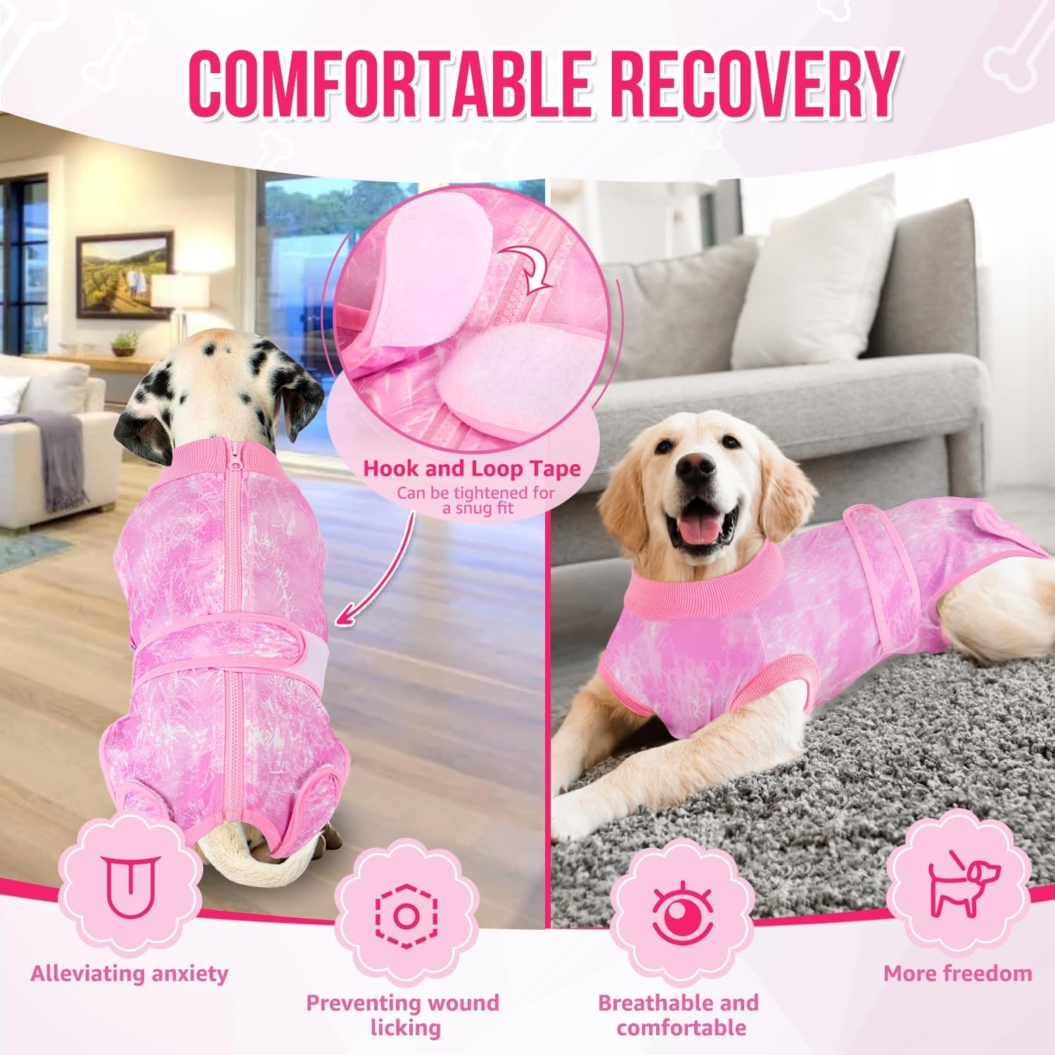 image:imageSlowTon Dog Surgery Recovery Suit Zipper On Dog Onesies After Surgery for Female Male Dogs Abdominal Wounds Bandages ConeECollar Alternative Surgical Body Suit AntiLicking PinkTie DyeS3Pink 100 Polyester