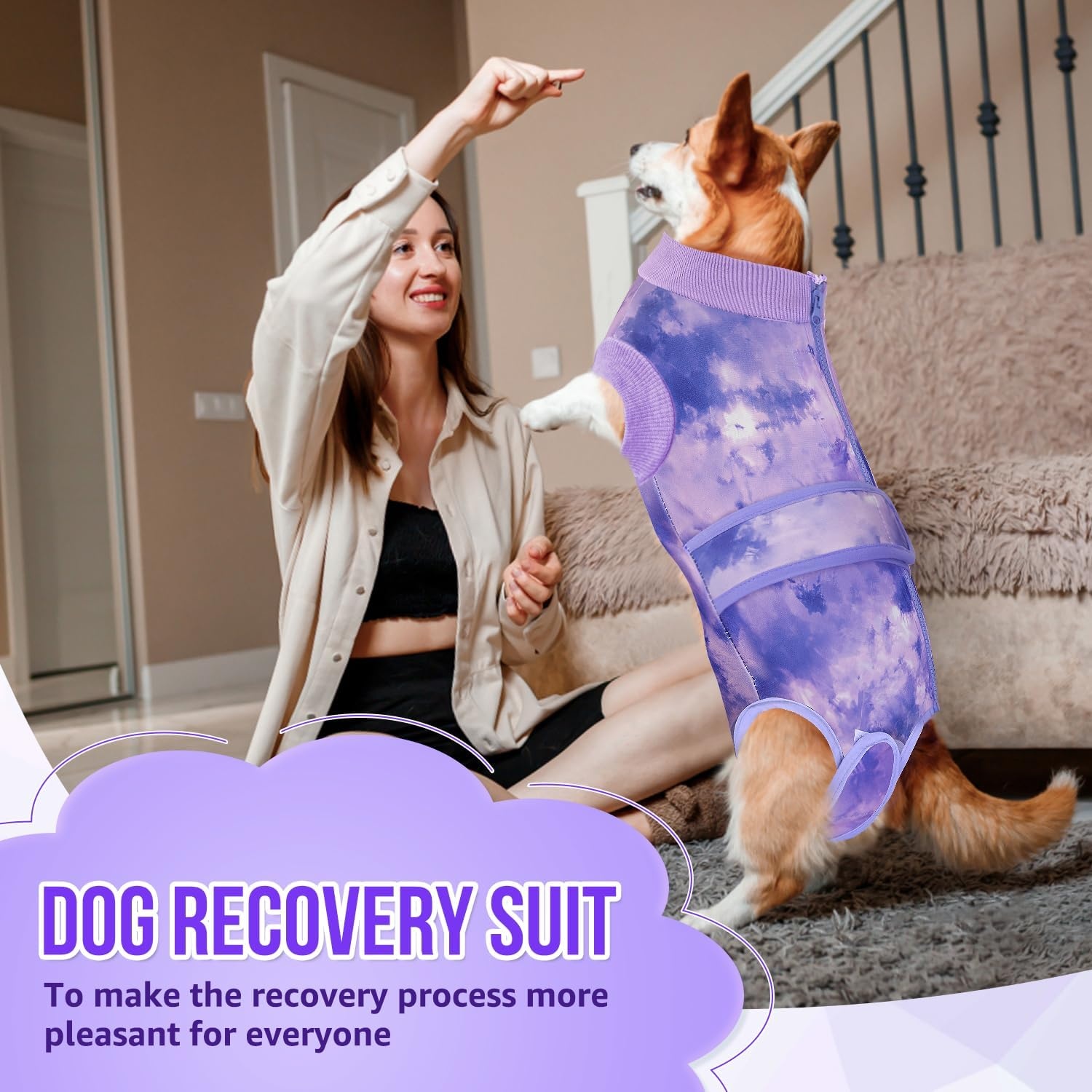 image:imageSlowTon Dog Surgery Recovery Suit Zipper On Dog Onesies After Surgery for Female Male Dogs Abdominal Wounds Bandages ConeECollar Alternative Surgical Body Suit AntiLicking PinkTie DyeS2Purple 100 Polyester