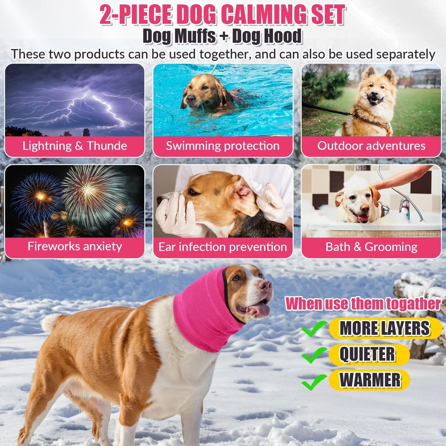image:imageSlowTon Quiet Ears Dog Hoodie 2 Pcs Ear Wrap Dog Ear Muffs Noise Protection Anxiety Relief Dogs Hat Calming Hood Head Cover Pet Headband Dogs Ear Protector for Grooming Force Drying GreySHot Pink