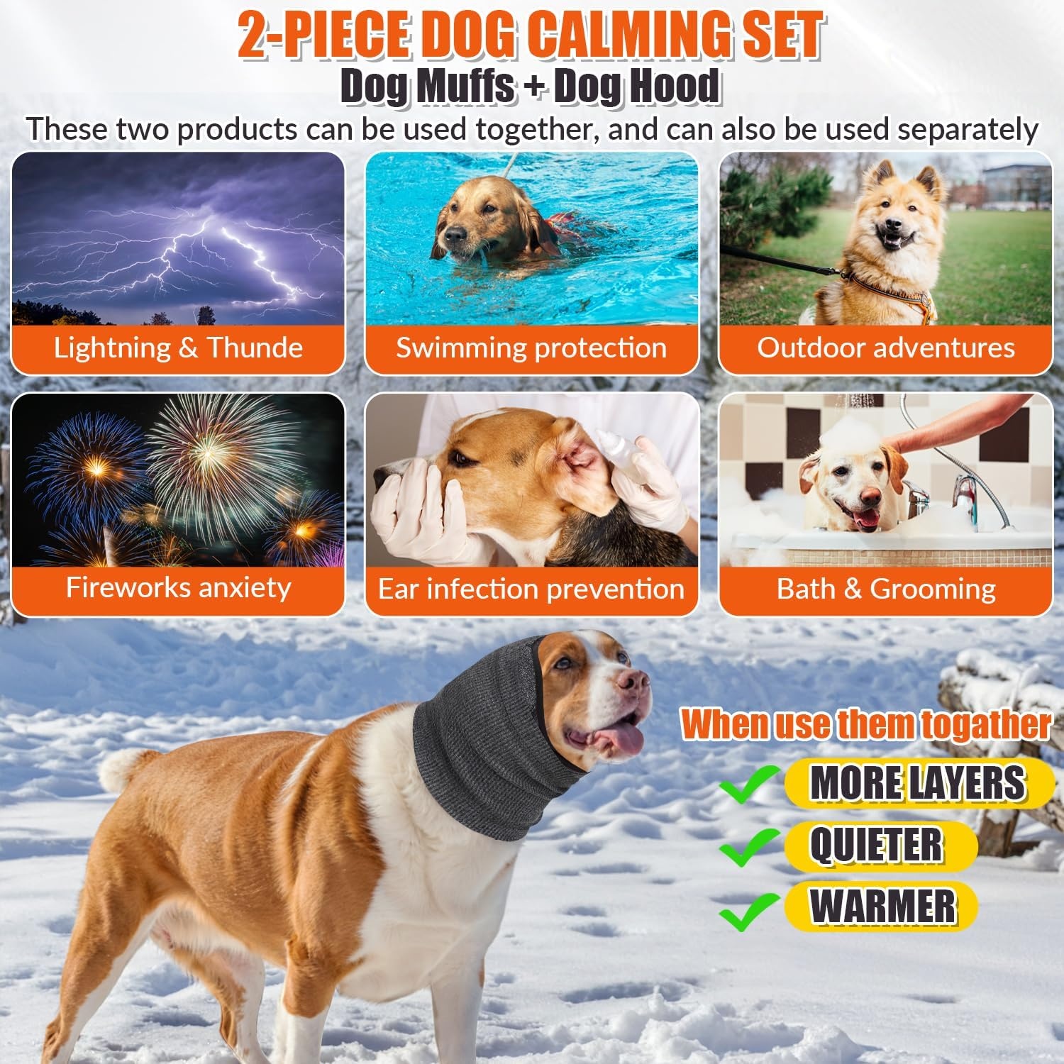 image:imageSlowTon Quiet Ears Dog Hoodie 2 Pcs Ear Wrap Dog Ear Muffs Noise Protection Anxiety Relief Dogs Hat Calming Hood Head Cover Pet Headband Dogs Ear Protector for Grooming Force Drying GreySGrey 2 Pieces
