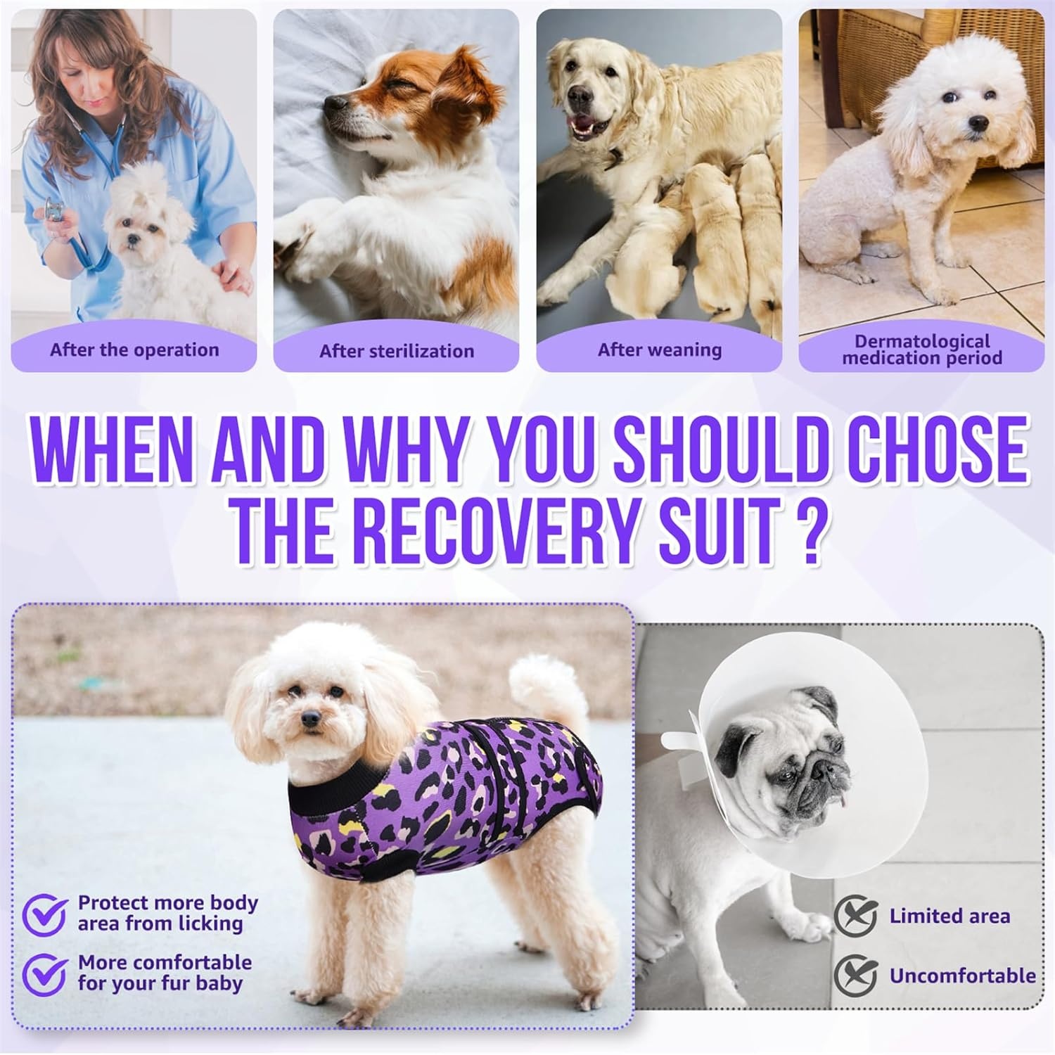 image:imageSlowTon Recovery Suit for Dogs Dog Surgery Suit Female Spay Male Neuter Dog Surgery Recovery Suit with Zipper Pet Surgical Onesies Bodysuit Abdominal Wound Bandages Pink Leopard S2Purple Leopard