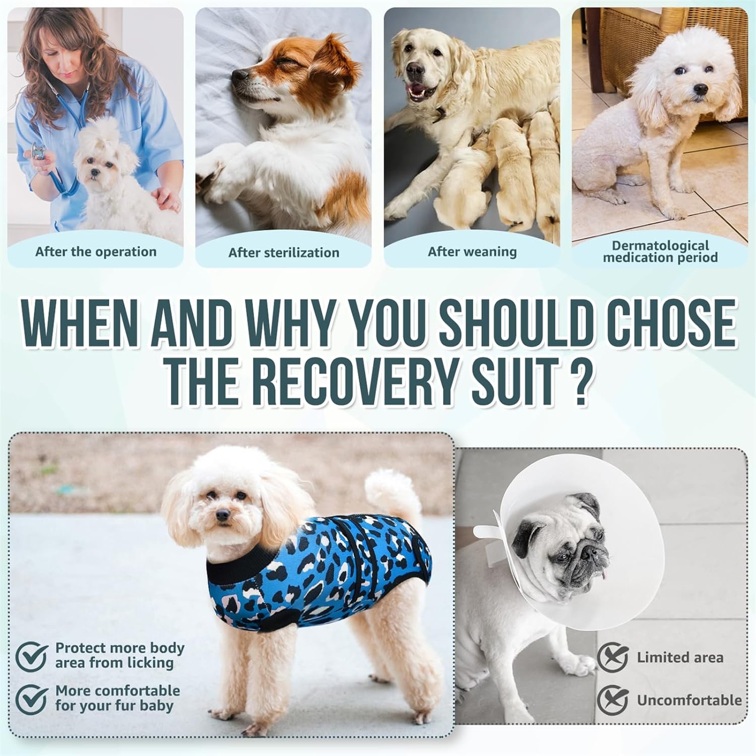 image:imageSlowTon Recovery Suit for Dogs Dog Surgery Suit Female Spay Male Neuter Dog Surgery Recovery Suit with Zipper Pet Surgical Onesies Bodysuit Abdominal Wound Bandages Pink Leopard S3Blue Leopard