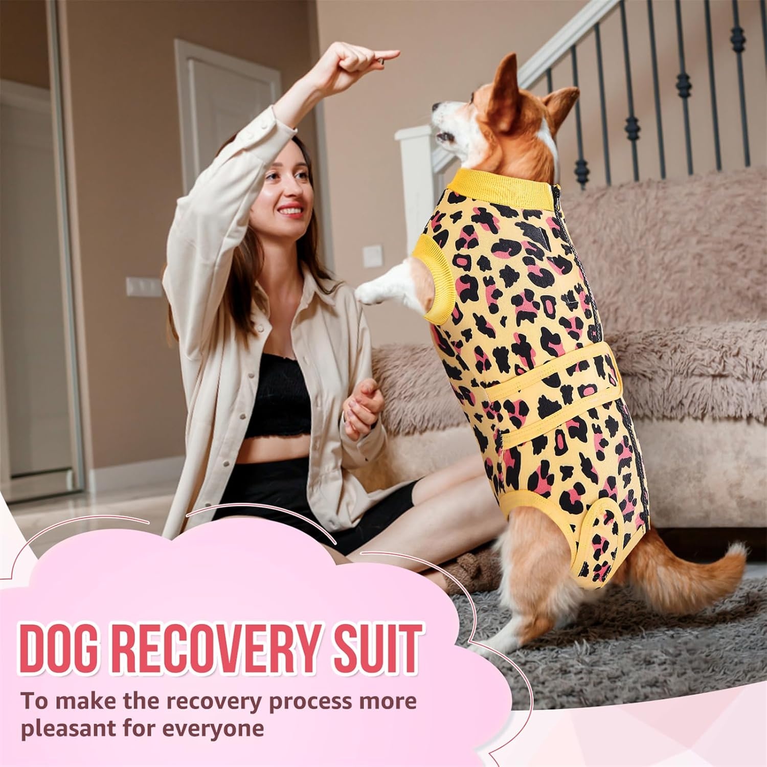 image:imageSlowTon Recovery Suit for Dogs Dog Surgery Suit Female Spay Male Neuter Dog Surgery Recovery Suit with Zipper Pet Surgical Onesies Bodysuit Abdominal Wound Bandages Pink Leopard S3Yellow Leopard