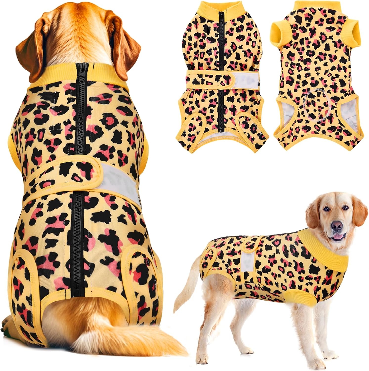 image:imageSlowTon Recovery Suit for Dogs Dog Surgery Suit Female Spay Male Neuter Dog Surgery Recovery Suit with Zipper Pet Surgical Onesies Bodysuit Abdominal Wound Bandages Pink Leopard S3Yellow Leopard