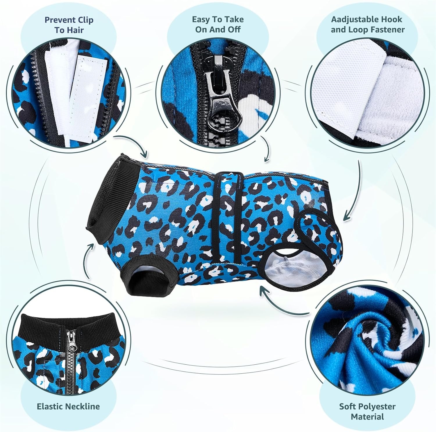 image:imageSlowTon Recovery Suit for Dogs Dog Surgery Suit Female Spay Male Neuter Dog Surgery Recovery Suit with Zipper Pet Surgical Onesies Bodysuit Abdominal Wound Bandages Pink Leopard S3Blue Leopard