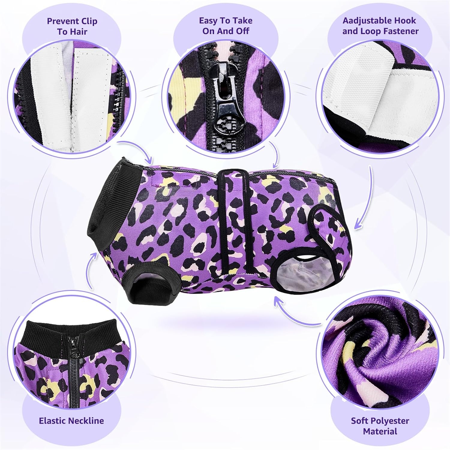 image:imageSlowTon Recovery Suit for Dogs Dog Surgery Suit Female Spay Male Neuter Dog Surgery Recovery Suit with Zipper Pet Surgical Onesies Bodysuit Abdominal Wound Bandages Pink Leopard S2Purple Leopard