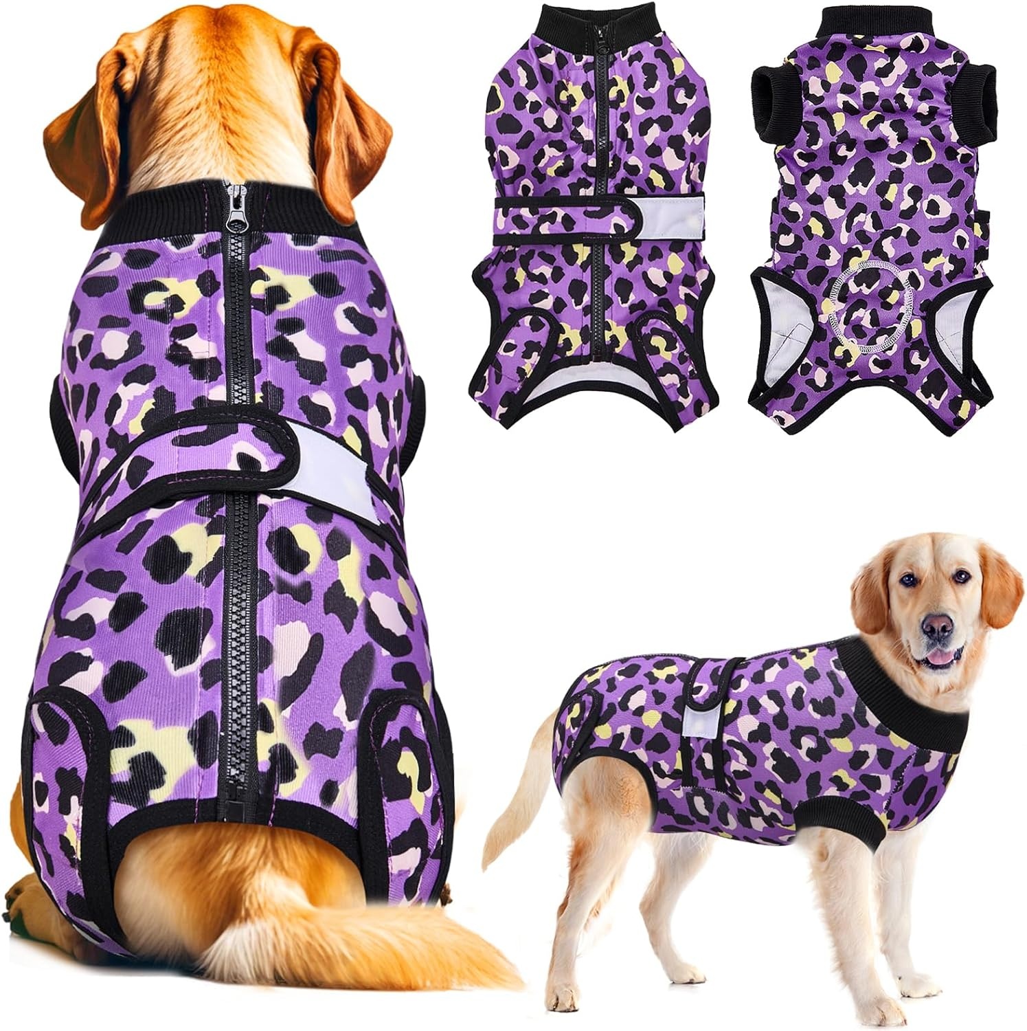image:imageSlowTon Recovery Suit for Dogs Dog Surgery Suit Female Spay Male Neuter Dog Surgery Recovery Suit with Zipper Pet Surgical Onesies Bodysuit Abdominal Wound Bandages Pink Leopard S2Purple Leopard