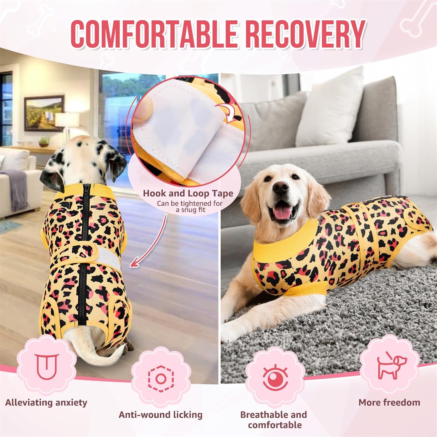 image:imageSlowTon Recovery Suit for Dogs Dog Surgery Suit Female Spay Male Neuter Dog Surgery Recovery Suit with Zipper Pet Surgical Onesies Bodysuit Abdominal Wound Bandages Pink Leopard S3Yellow Leopard