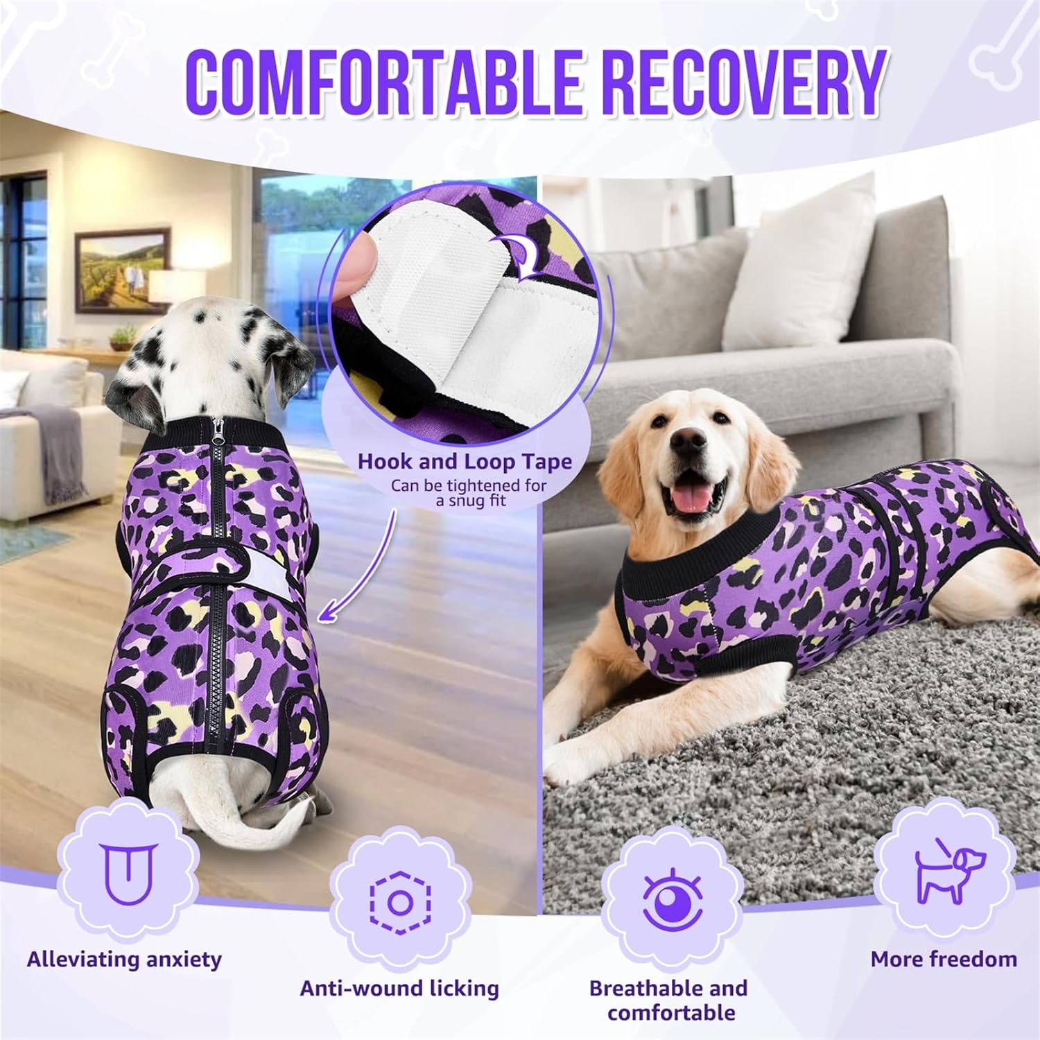 image:imageSlowTon Recovery Suit for Dogs Dog Surgery Suit Female Spay Male Neuter Dog Surgery Recovery Suit with Zipper Pet Surgical Onesies Bodysuit Abdominal Wound Bandages Pink Leopard S2Purple Leopard