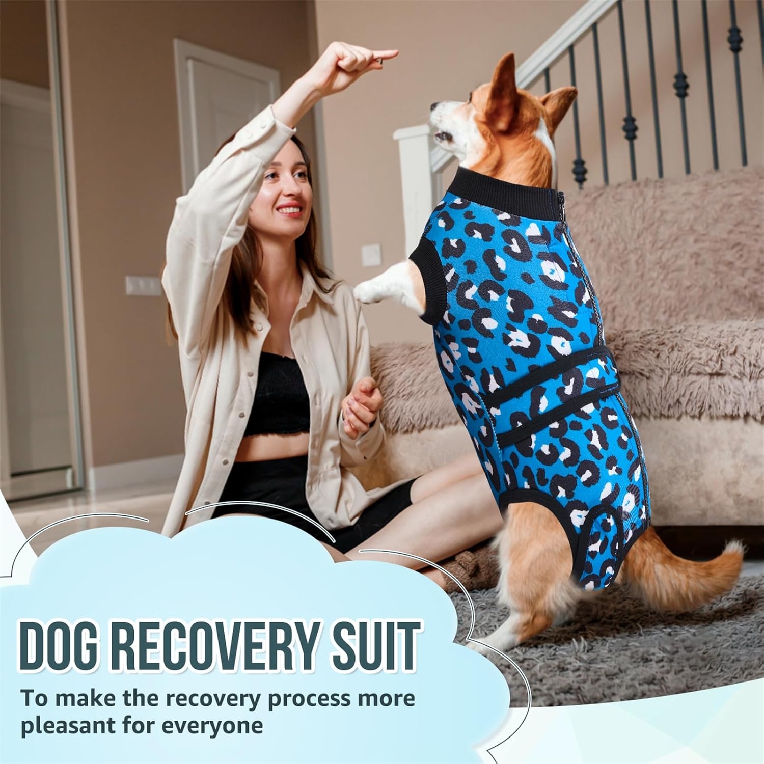image:imageSlowTon Recovery Suit for Dogs Dog Surgery Suit Female Spay Male Neuter Dog Surgery Recovery Suit with Zipper Pet Surgical Onesies Bodysuit Abdominal Wound Bandages Pink Leopard S3Blue Leopard