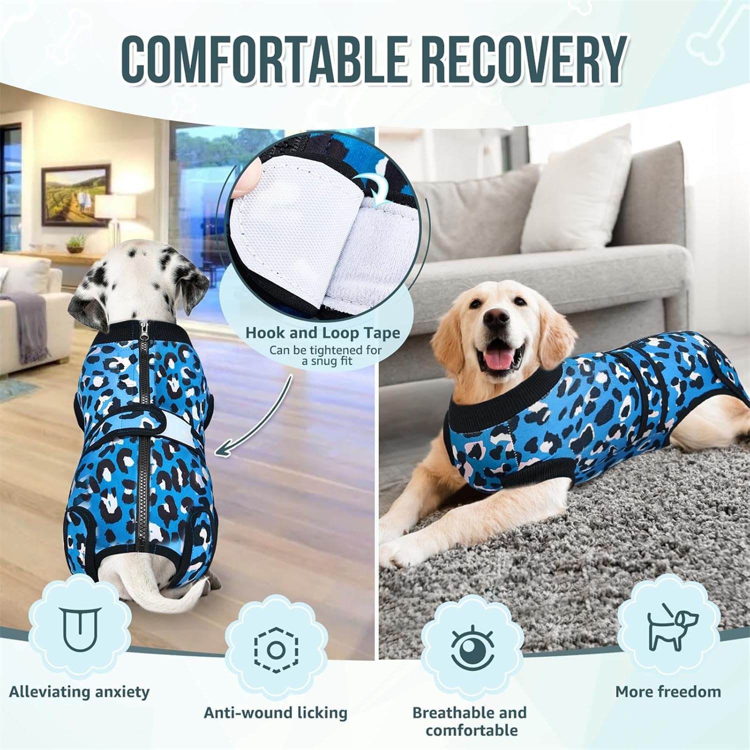 image:imageSlowTon Recovery Suit for Dogs Dog Surgery Suit Female Spay Male Neuter Dog Surgery Recovery Suit with Zipper Pet Surgical Onesies Bodysuit Abdominal Wound Bandages Pink Leopard S3Blue Leopard