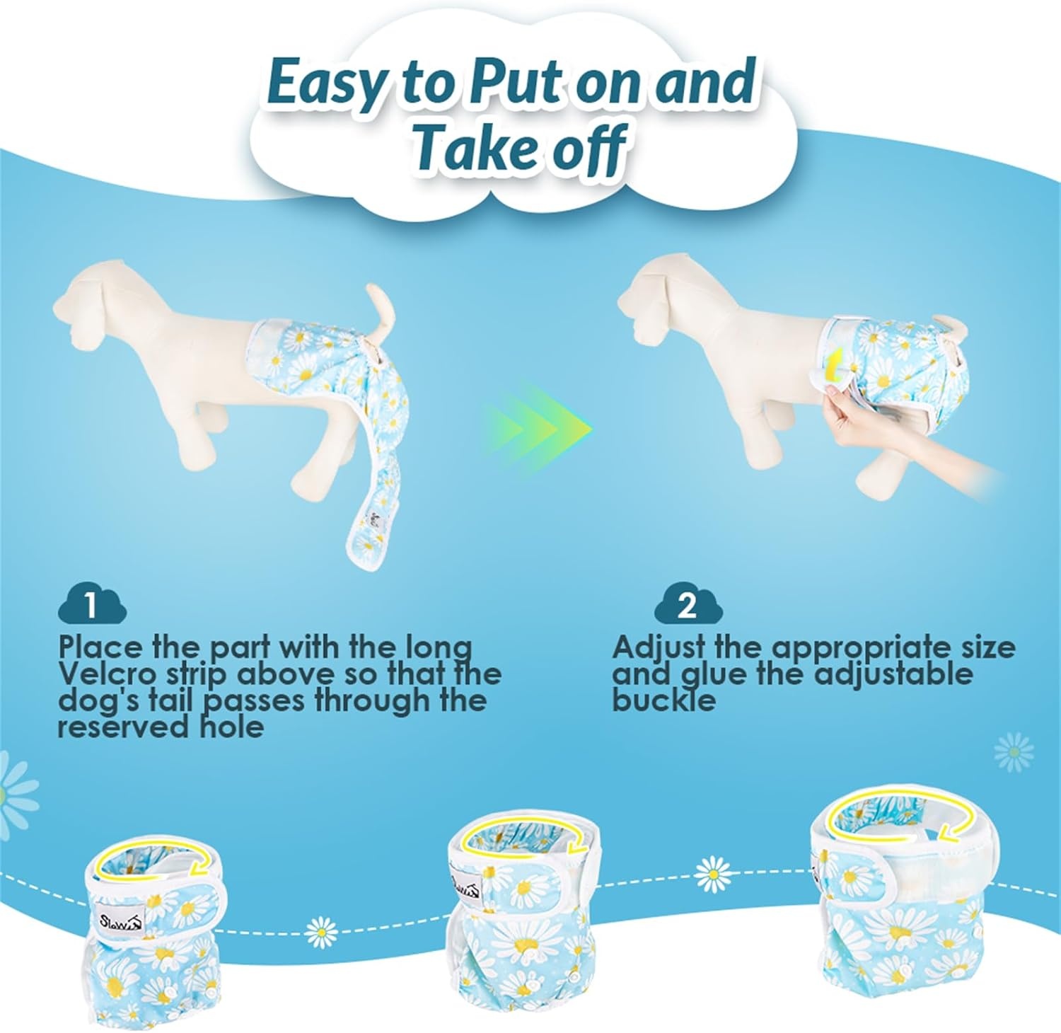 image:imageSlowTon Washable Dog Diapers Female 3 Pack No Leak Reusable Doggie Puppy Diaper with Adjustable Buttons Comfortable Female Dog Diapers for Heat Cycle Period Small Medium Large Dogs XSADaisy