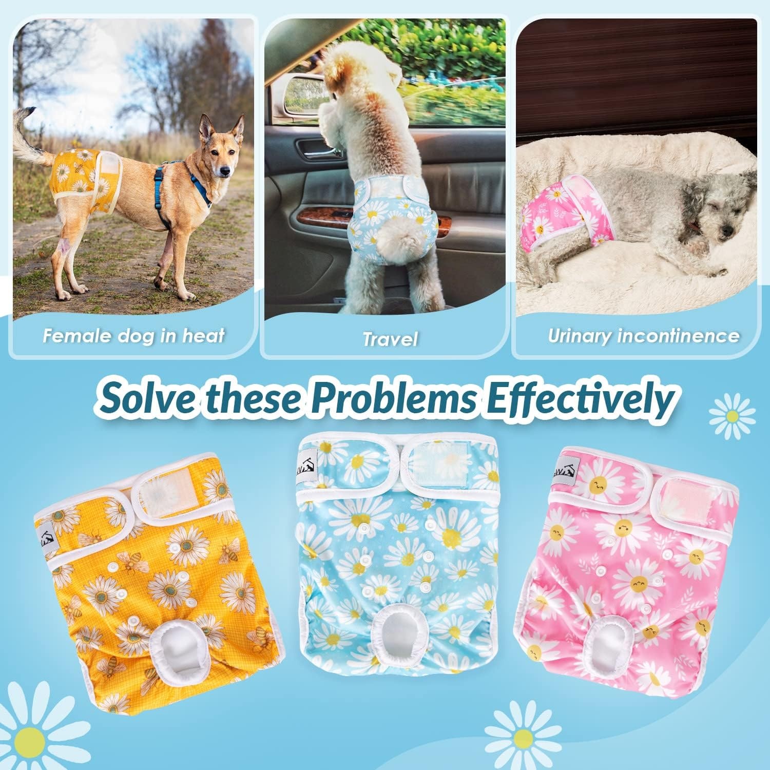 image:imageSlowTon Washable Dog Diapers Female 3 Pack No Leak Reusable Doggie Puppy Diaper with Adjustable Buttons Comfortable Female Dog Diapers for Heat Cycle Period Small Medium Large Dogs XSADaisy